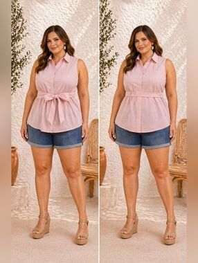 NWT! Lane Bryant Pink Pinstripe Sleeveless Button-Up Top Waist Tie Plus Size 22